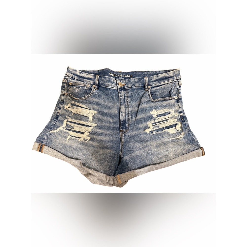 American Eagle Outfitters Women's Blue Curvy Hi-Rise Shortie Distressed Shorts